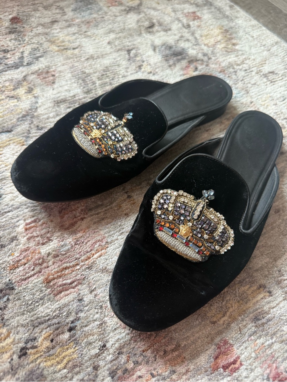 Versace Velvet Beaded Crown Slip-On Flats